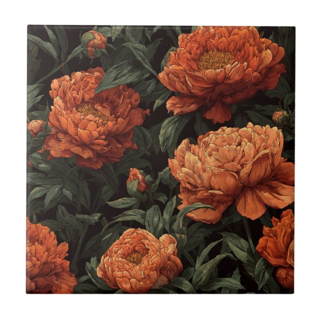Moderne Retro Peonies Keramik Fliesen für die Wohn (Vorderseite)
