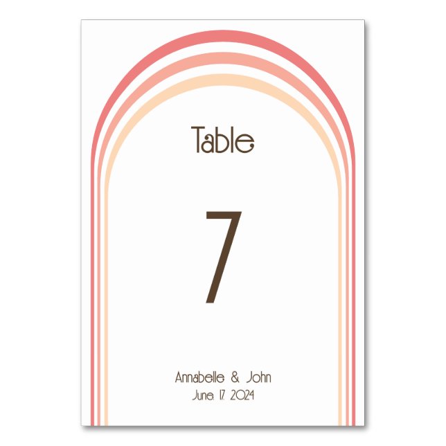 Moderne Retro Pink Peach Coral Rainbow Wedding Tischnummer (Vorderseite)
