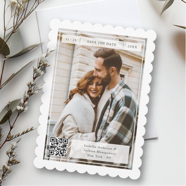 Moderne Retro-Postleitzahl-QR-Code-Hochzeit Save The Date (Von Creator hochgeladen)