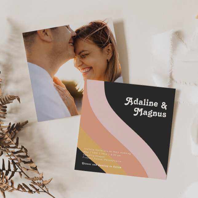 Moderne Retro-Rainbow-Dunkle Square-Foto Hochzeit Einladung (Von Creator hochgeladen)