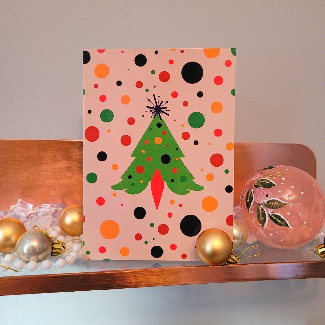 Moderne Retro-Rakete des Mittelalters Feiertagskarte (Mid Century Modern Retro Atomic Rocket Christmas Card Front View)