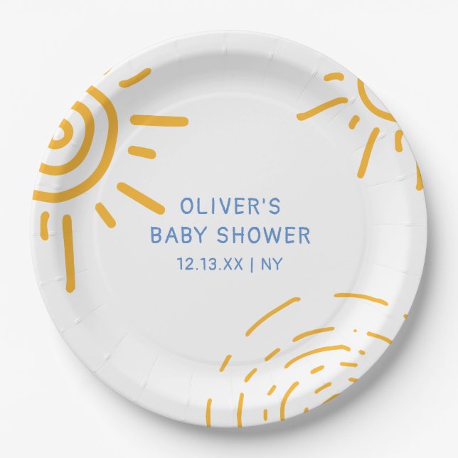 Moderne Retro-Ray Sonnenschein-Babydusche Pappteller (Vorderseite)