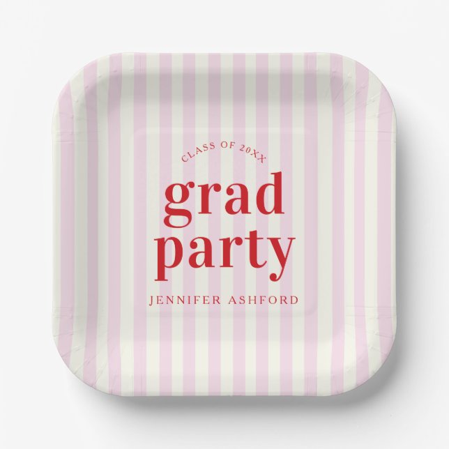 Moderne Retro Red & Pink Stripes Graduierungsparty Pappteller (Vorderseite)