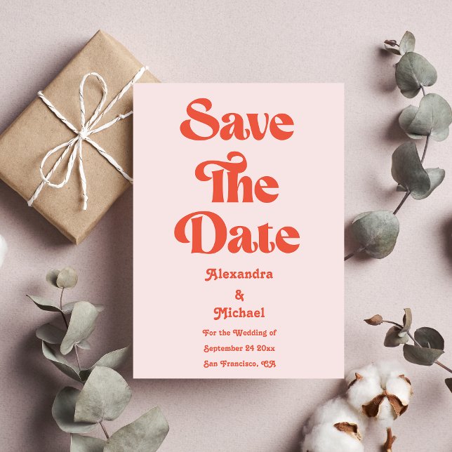 Moderne Retro-Rosa- und Orangefarbene Hochzeit Save The Date (Von Creator hochgeladen)