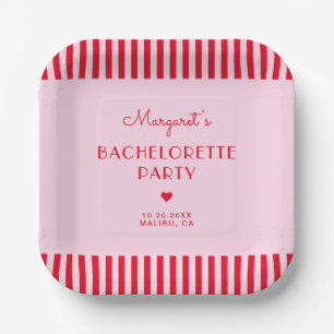 Moderne Retro Rosa und Rote Streifen Junggesellinn Pappteller