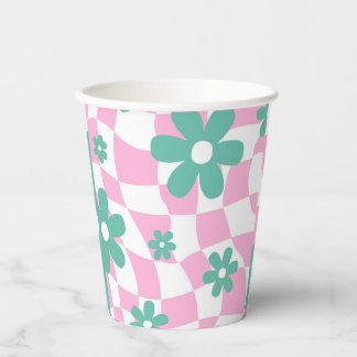 Moderne Retro-Rosa- und Türkis-Blumen-Baby-Party Pappbecher