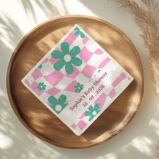 Moderne Retro Rosa und Türkis Florale Babyparty Serviette