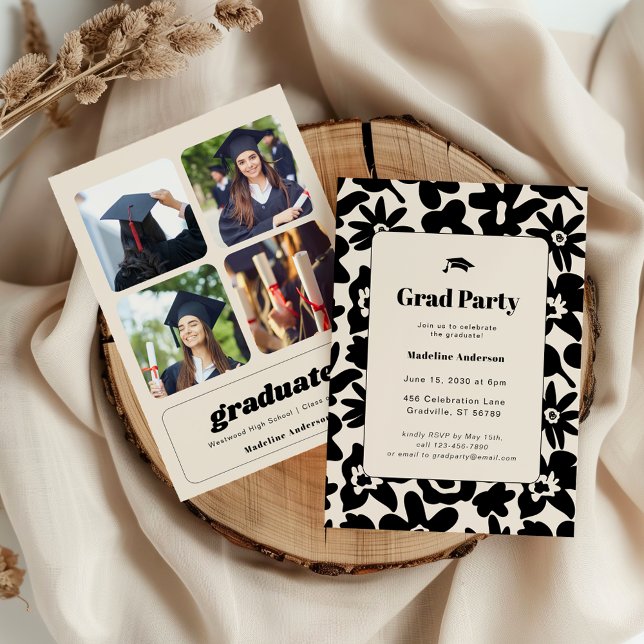 Moderne Retro-Schwarze-Blütenschülerparty Einladung (Von Creator hochgeladen)
