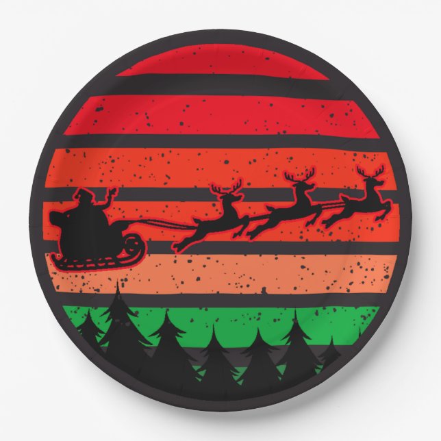 Moderne Retro-Sunset Red Green Santa Silhouette 9" Pappteller (Vorderseite)