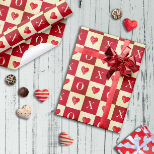 Moderne Retro Valentine Red Hearts XO Karos Geschenkpapier