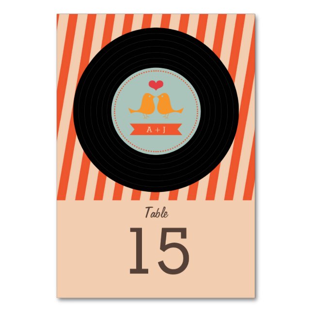 Moderne Retro Vinyl Record Sky Blue Orange Wedding Tischnummer (Vorderseite)