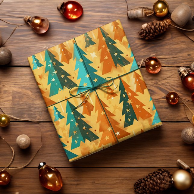Moderne Retro Weihnachtsbaumen Kupfer aus dem Mitt Geschenkpapier (Retro mid century modern christmas tree wrapping paper in copper and teal jewel tones.)