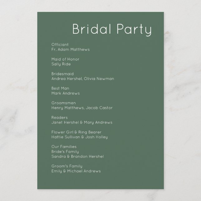 Moderne Retro Weiße & Olivgrüne Hochzeit Programm (Rückseite)