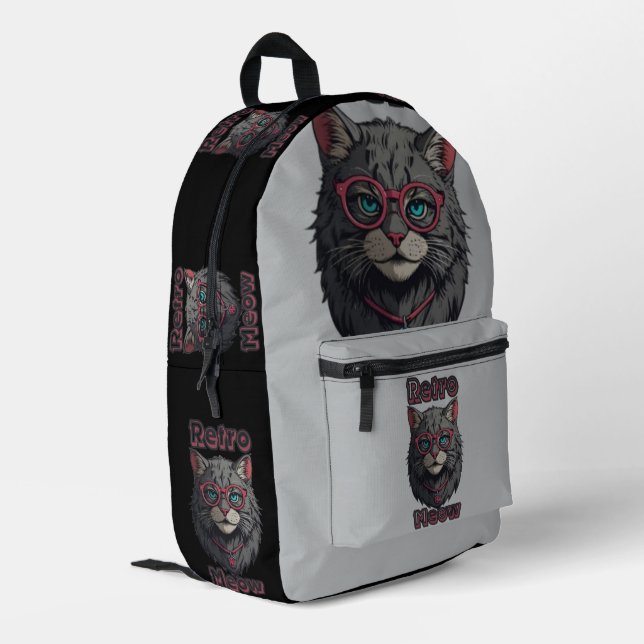 Moderne Retro Wild GrayCat Illustration Bedruckter Rucksack (Rückseitige Ecke links)