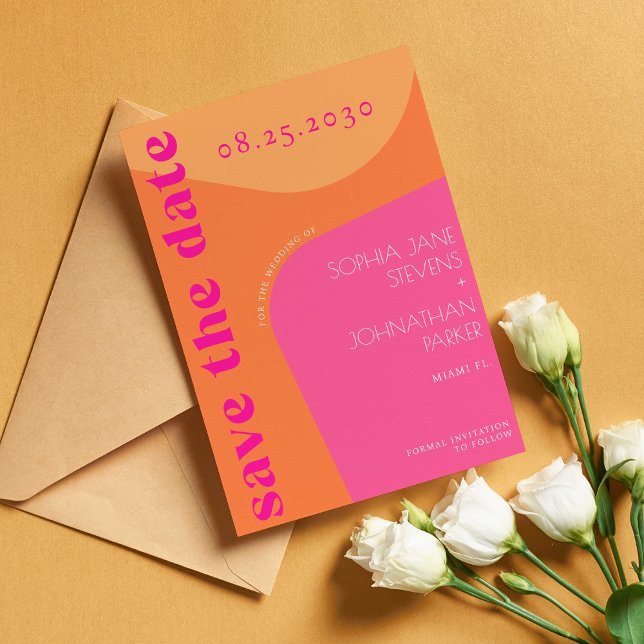 Moderne Retroorange-rosa abstrakte Formen Hochzeit Save The Date (Von Creator hochgeladen)