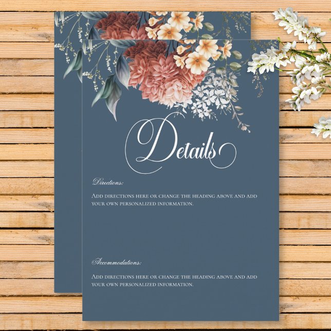 Moderne Romantische Blauer Garten Blumenzwiebeldet Begleitkarte (Modern Romantic Blue Garden Floral Wedding Details Enclosure Card)