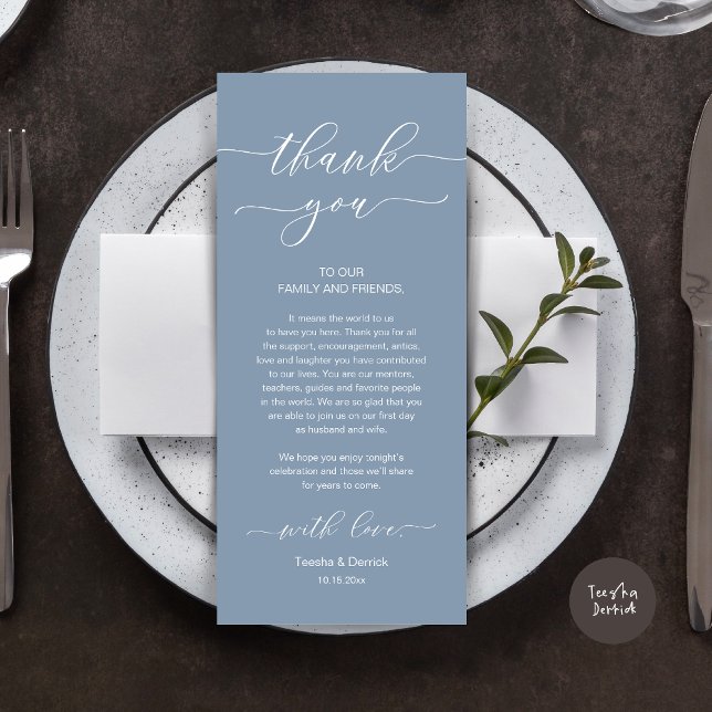 Moderne Romantische Dinner Place Einstellung Danke Programm (Wedding Dinner Place Setting Thank You Card, Modern Minimalist, in Dusty Blue)