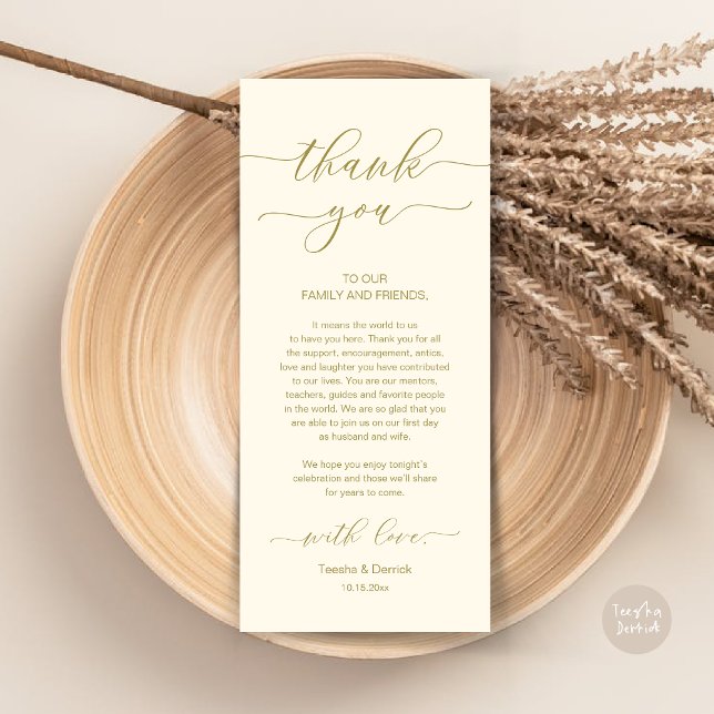 Moderne Romantische Dinner Place Einstellung Danke Programm (Wedding Dinner Place Setting Thank You Card, Modern Minimalist, in Retro Yellow Gold)
