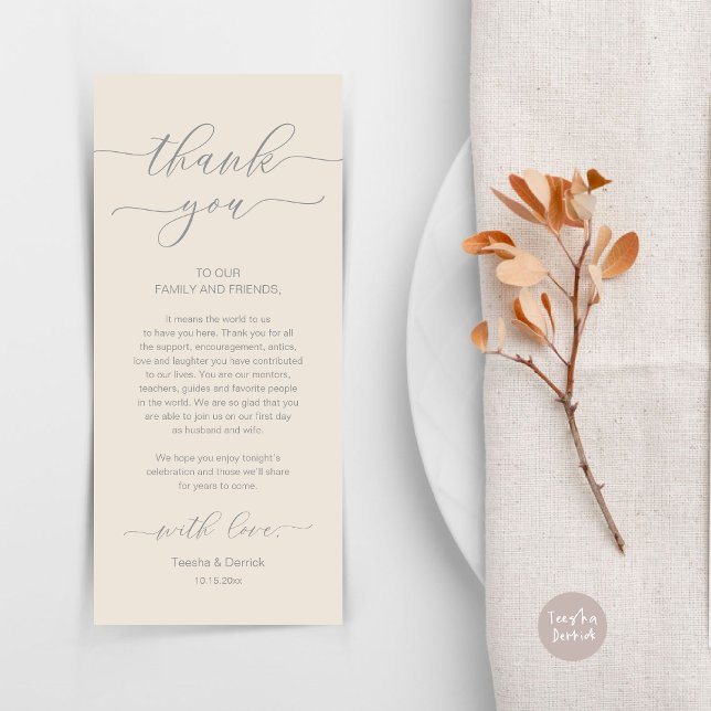 Moderne Romantische Dinner Place Einstellung Danke Programm (Wedding Dinner Place Setting Thank You Card, Modern Minimalist, in Grey and Cream)