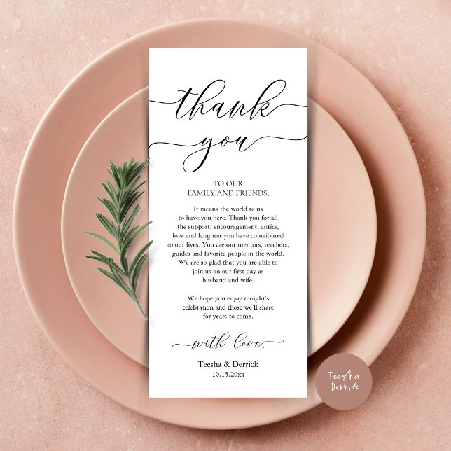 Moderne Romantische Dinner Place Einstellung Danke Programm (Wedding Dinner Place Setting Thank You Card, Plate Decoration, Modern Script, in Black and White)
