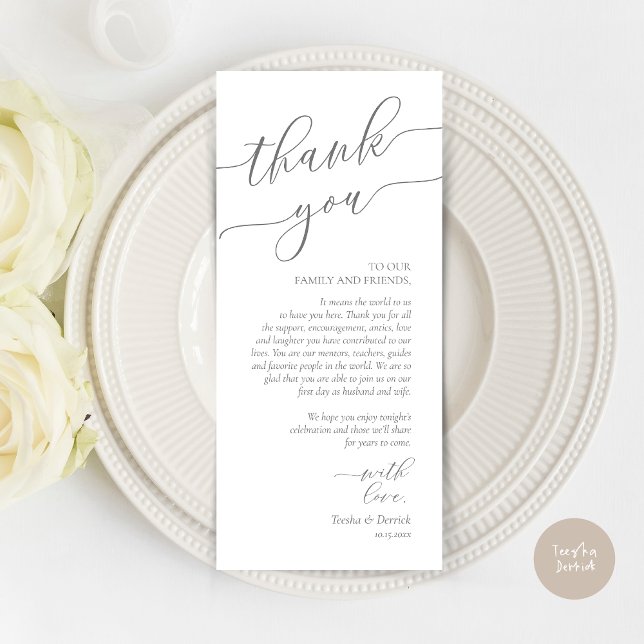Moderne Romantische Dinner Place Einstellung Danke Programm (Wedding Dinner Place Setting Thank You Card, Modern Romance Design, in Dark Grey)