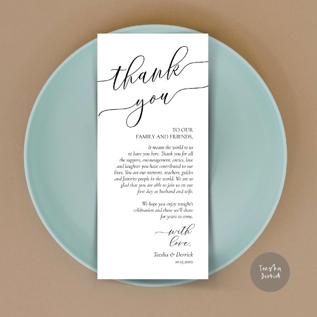 Moderne Romantische Dinner Place Einstellung Danke Programm (Wedding Dinner Place Setting Thank You Card, Modern Romance Design, in Black and White)