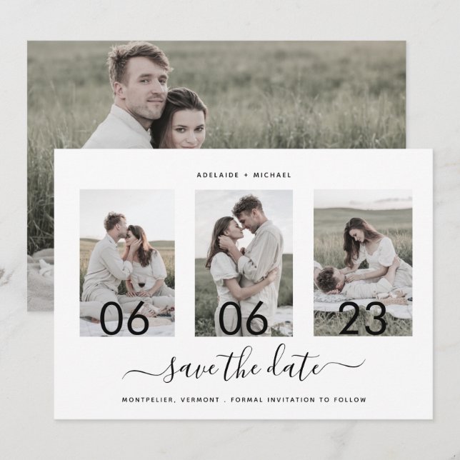 Moderne Romantische Drehbuch-Collage Save The Date (Vorne/Hinten)