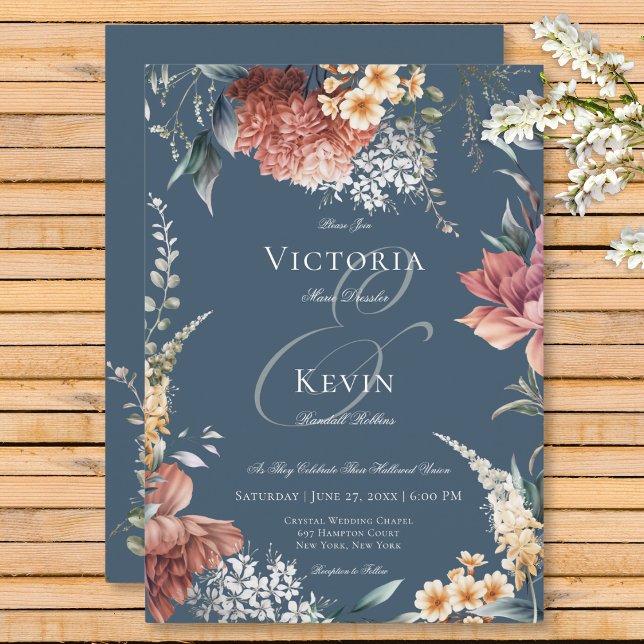 Moderne romantische Hochzeit am Blauen Garten Einladung (Modern Romantic Blue Garden Floral Wedding Invitation)