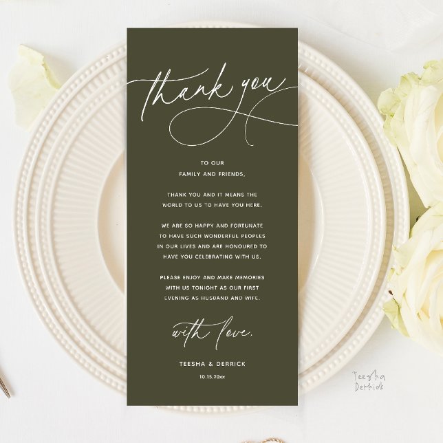 Moderne Romantische Hochzeits-Dankeskarten für das Programm (Modern Romantic Wedding Reception Dinner Thank You Card in Olive Green)