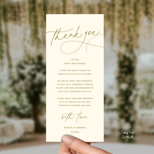 Moderne Romantische Hochzeits-Dinner-Dankeskarten Programm (Modern Romantic Wedding Reception Dinner Thank You Card in Yellow Gold)