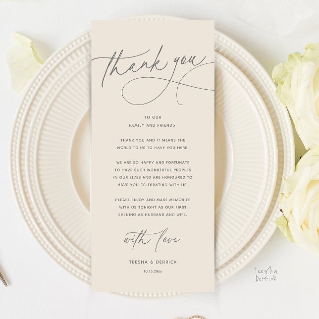 Moderne Romantische Hochzeits-Dinner-Dankeskarten Programm (Modern Romantic Wedding Reception Dinner Thank You Card in Cream Grey)