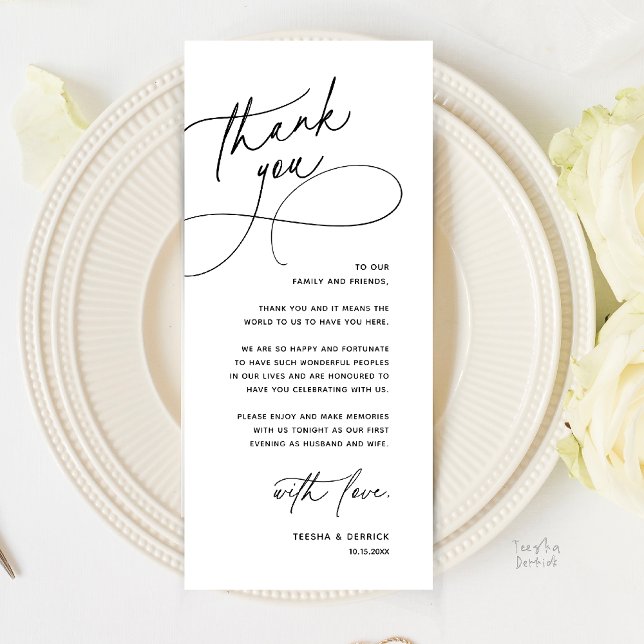 Moderne Romantische Hochzeitsempfangs-Dankeskarten Programm (Modern Romantic Wedding Reception Dinner Lunch Brunch Thank You Card in Black and White)
