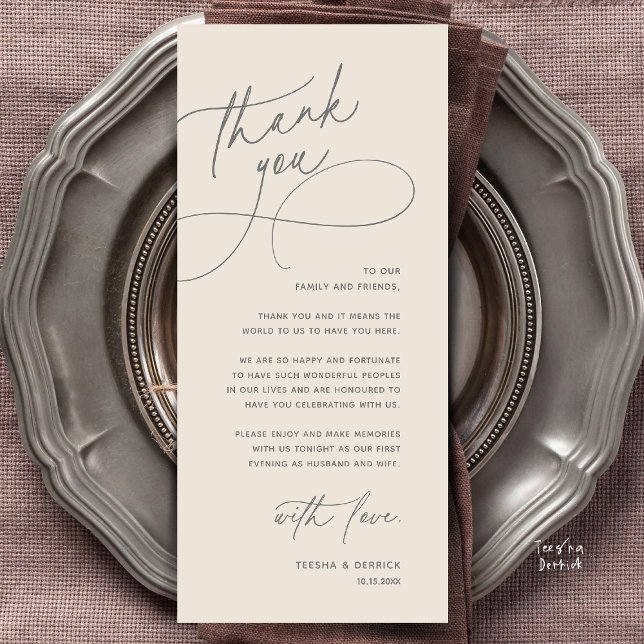 Moderne Romantische Hochzeitsempfangs-Dankeskarten Programm (Modern Romantic Wedding Reception Dinner Lunch Brunch Thank You Card in Cream grey)