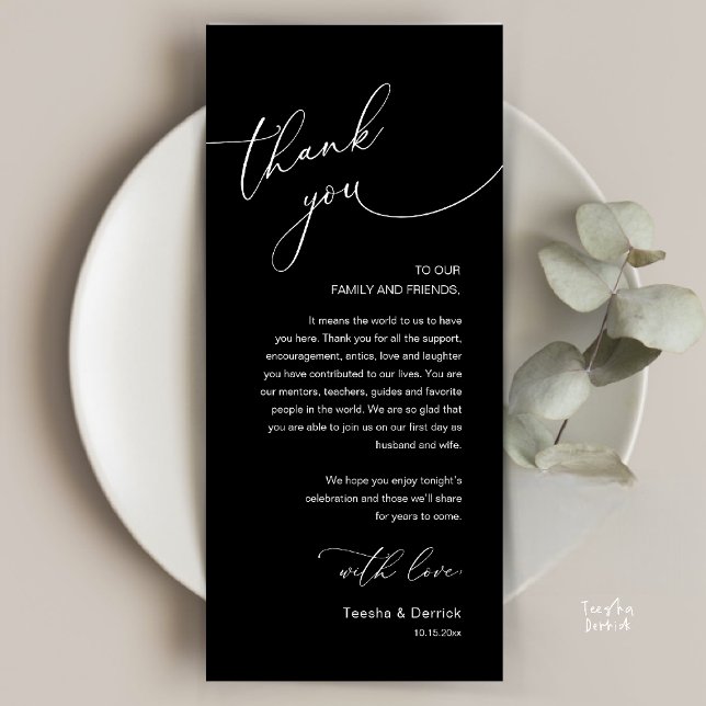 Moderne romantische Hochzeitsempfangs-Dankeskarten Programm (Modern Romantic Wedding Reception Thank You Card, plate decoration, in Classy Black White)