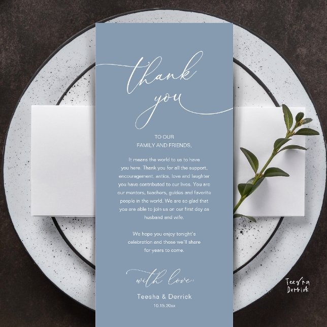 Moderne Romantische Hochzeitsempfangs-Dankeskarten Programm (Modern Romantic Wedding Reception Thank You Card, plate decoration, in Dusty Blue)