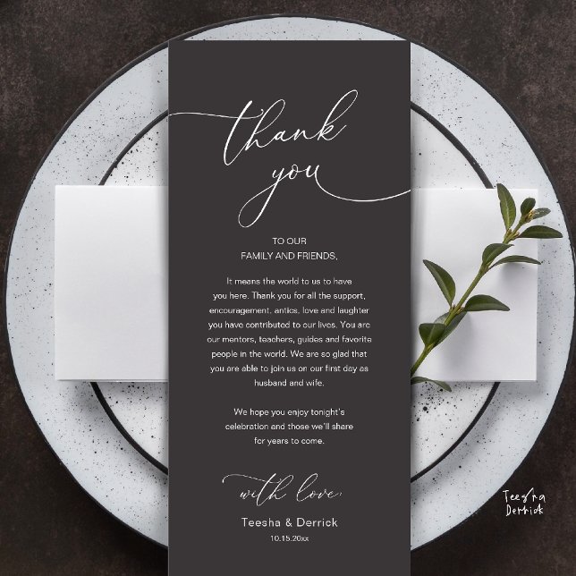 Moderne Romantische Hochzeitsempfangs-Dankeskarten Programm (Modern Romantic Wedding Reception Thank You Card, plate decoration, in Classy Charcoal Dark Grey)