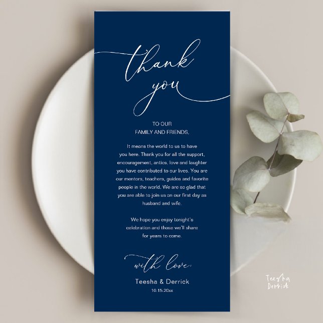 Moderne Romantische Hochzeitsempfangs-Dankeskarten Programm (Modern Romantic Wedding Reception Thank You Card, plate decoration, in Classy Navy Blue)
