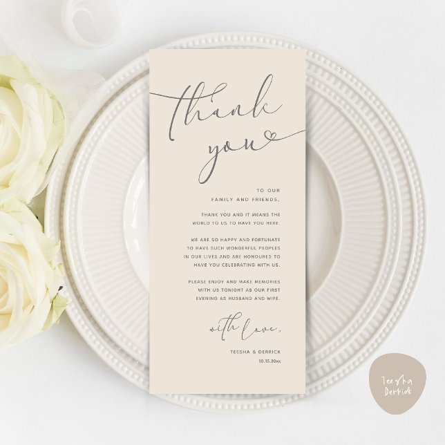 Moderne romantische Hochzeitsempfehlung Dankeschön Programm (Modern Romantic Wedding Reception Dinner Thank You Card in Cream Grey)