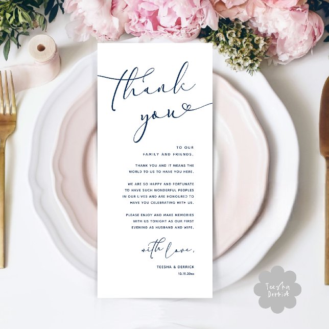 Moderne romantische Hochzeitsempfehlung Dankeschön Programm (Modern Romantic Wedding Reception Dinner Thank You Card in Navy Blue)