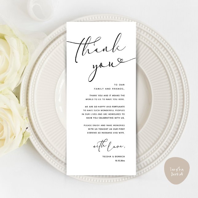 Moderne romantische Hochzeitsempfehlung Dankeschön Programm (Modern Romantic Wedding Reception Dinner Thank You Card in Black and White)