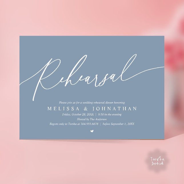 Moderne romantische Probe Hochzeitsdinner Tanz Einladung (Modern Romantic Rehearsal Wedding Dinner Dancing Invitation Card in Dusty Blue)