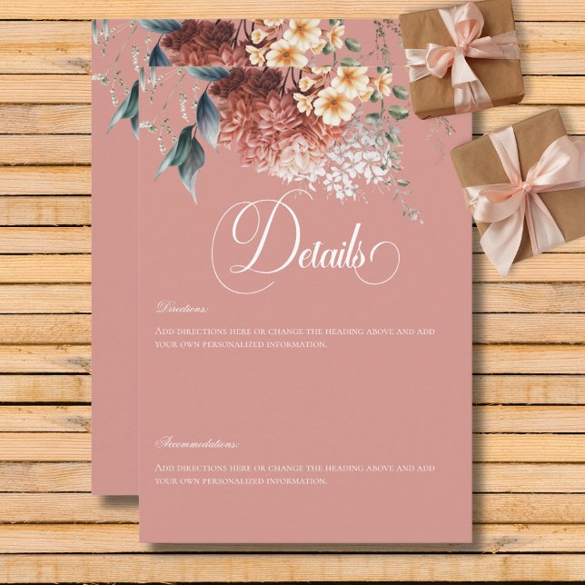 Moderne romantische Rosa Garten Blumenzwiebeldetai Begleitkarte (Modern Romantic Pink Garden Floral Wedding Details Enclosure Card)