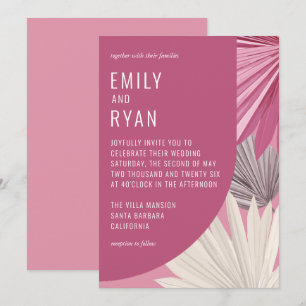 Moderne romantische rosa tropische Leaf-Hochzeit Einladung