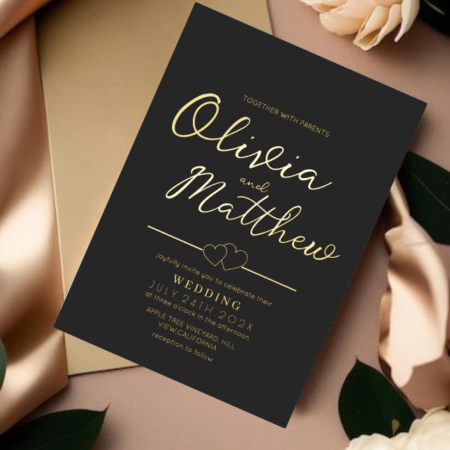 Moderne romantische Script Foil Gold und Black Wed Folieneinladung (Von Creator hochgeladen)