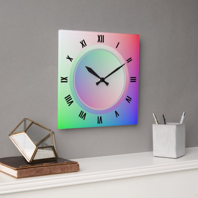 Moderne römische Zahlen und Fun Pastel Rainbow Dis Quadratische Wanduhr (Büro)