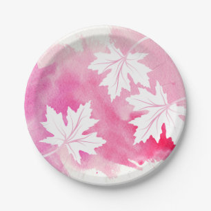 Moderne, rosa Aquarell- und Ahorn-Blätter Pappteller