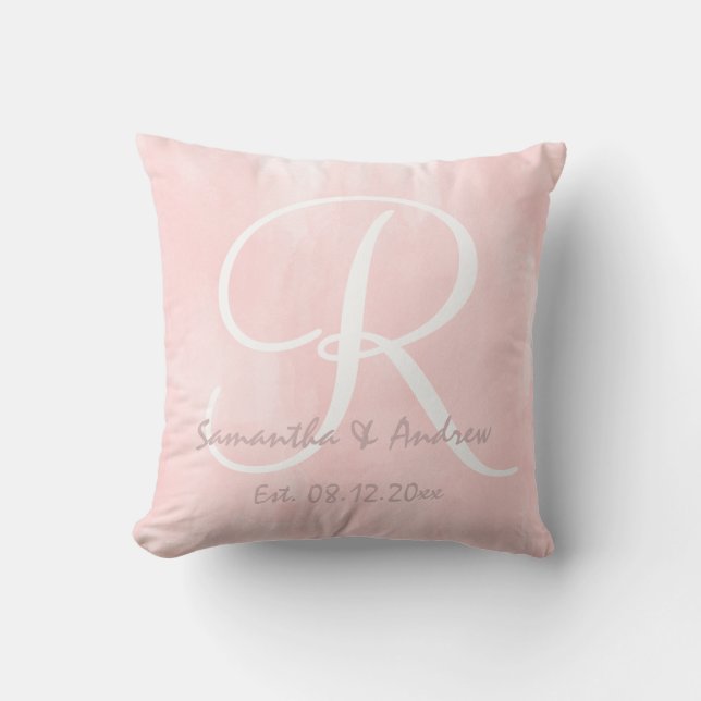 Moderne rosa Aquarellmonogrammhochzeit Kissen (Vorderseite)