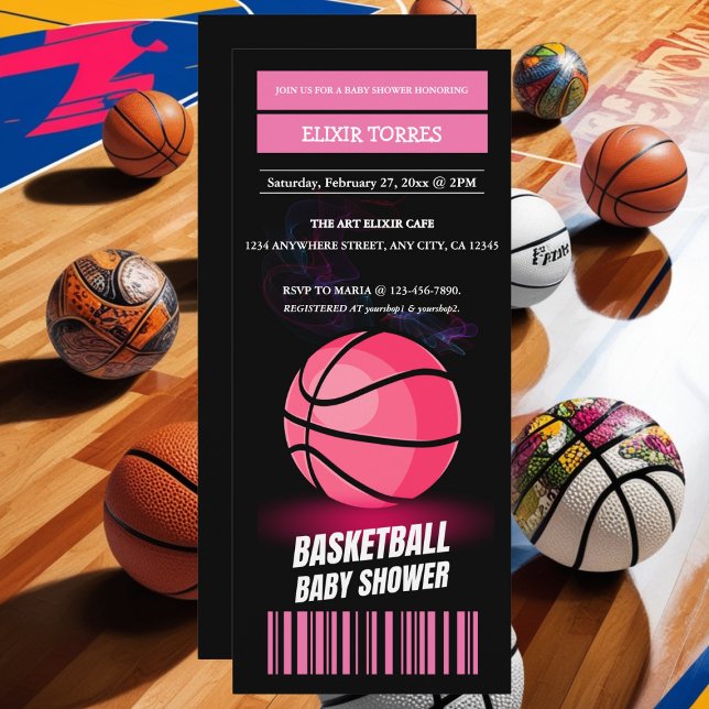Moderne rosa Basketball Ticket Ball Baby Dusche Einladung (Von Creator hochgeladen)