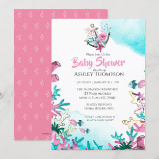 Moderne rosa blaue Unterwasser-Babydusche Einladung