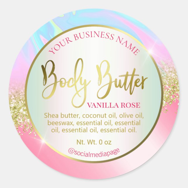 Moderne rosa Blue Gold Glitzer Body Butter Labels Runder Aufkleber (Vorderseite)